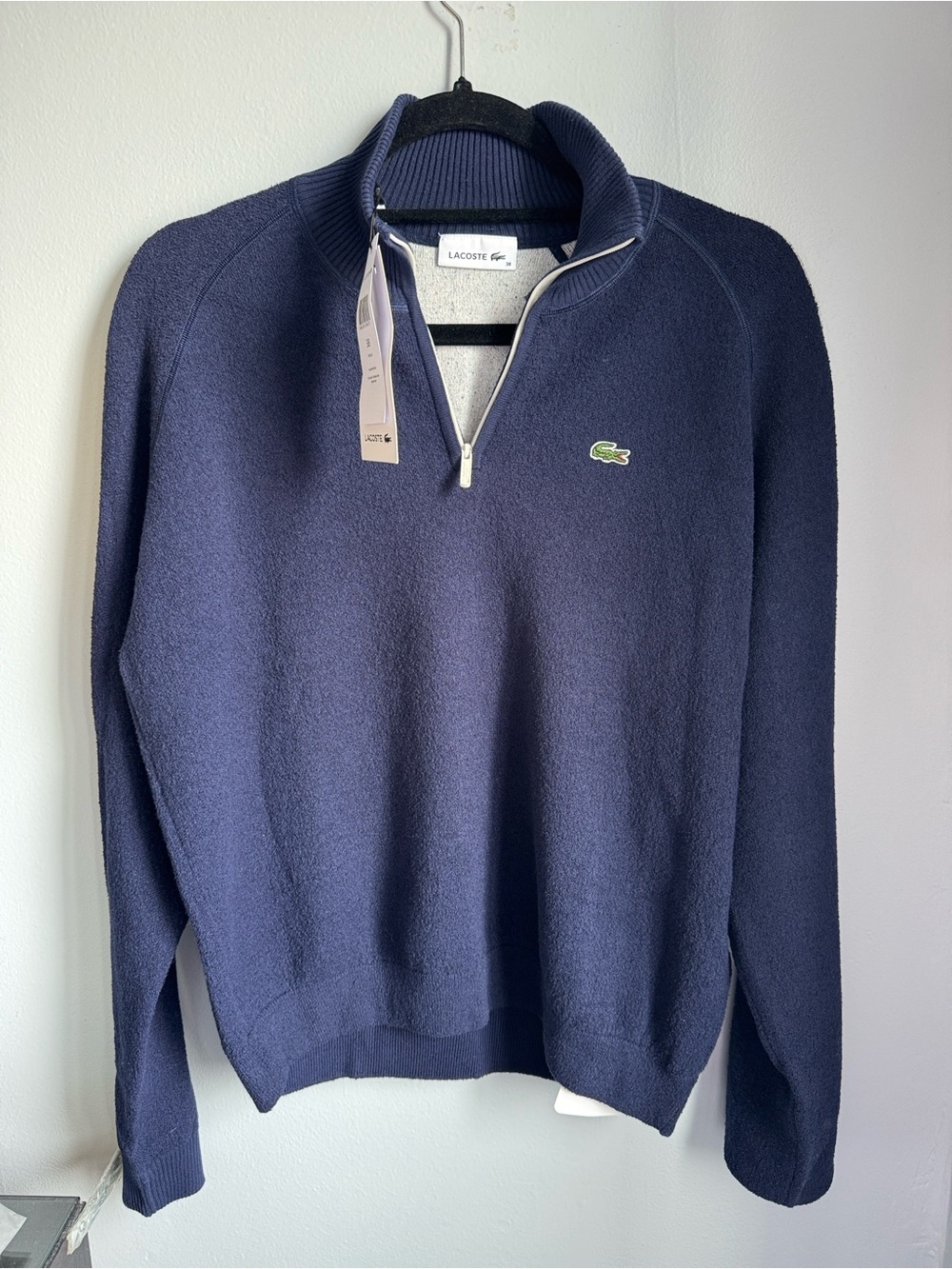 Lacoste Men's Navy Quarter-Zip Sweater with Green Logo NWT